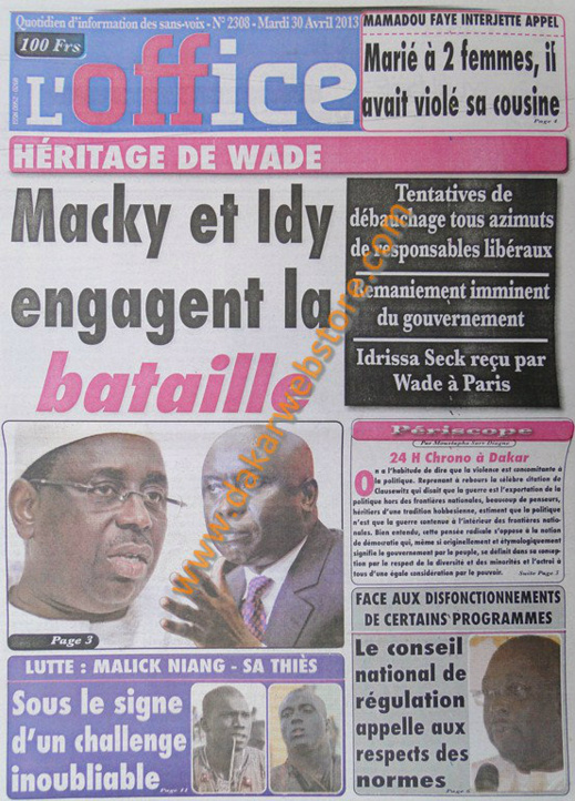 A la Une du Journal L'Office du mardi 30 Avril 2013