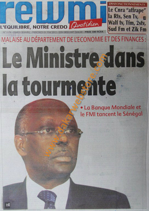 A la Une du Journal Rewmi du mardi 30 Avril 2013