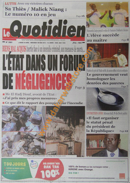 A la Une du Journal Le Quotidien du mardi 30 Avril 2013