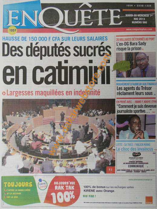 A la Une du Journal EnQuête du mardi 30 Avril 2013