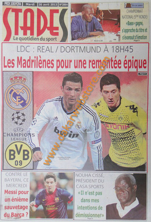 A la Une du Journal Stades du mardi 30 Avril 2013