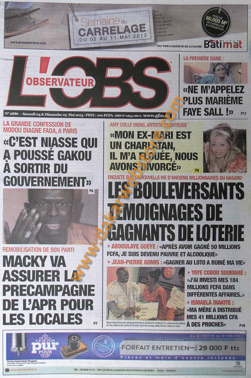 A la Une du Journal L'Observateur du Samedi 04 Mai 2013