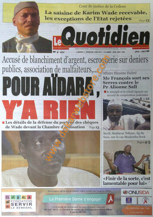 A la Une du Journal Le Quotidien du Samedi 04 Mai 2013