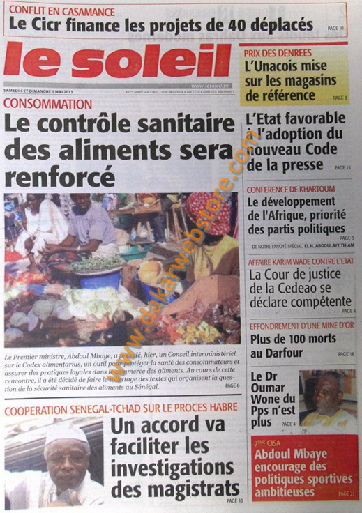 A la Une du Journal Le Soleil du Samedi 04 Mai 2013