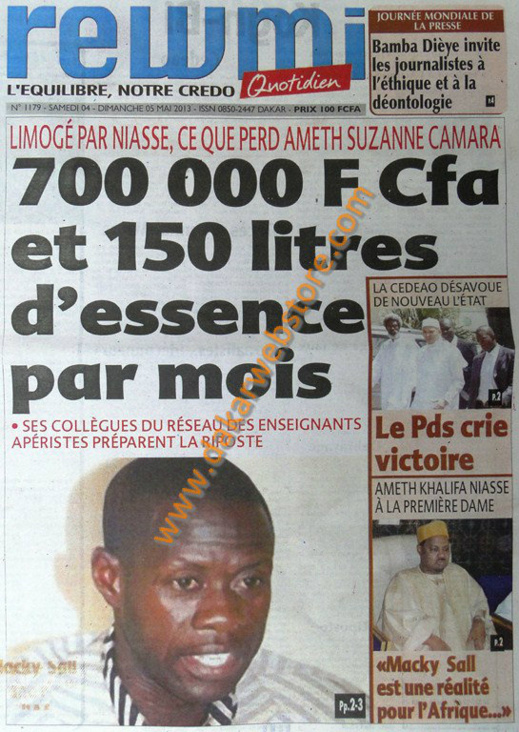 A la Une du Journal Rewmi du Samedi 04 Mai 2013