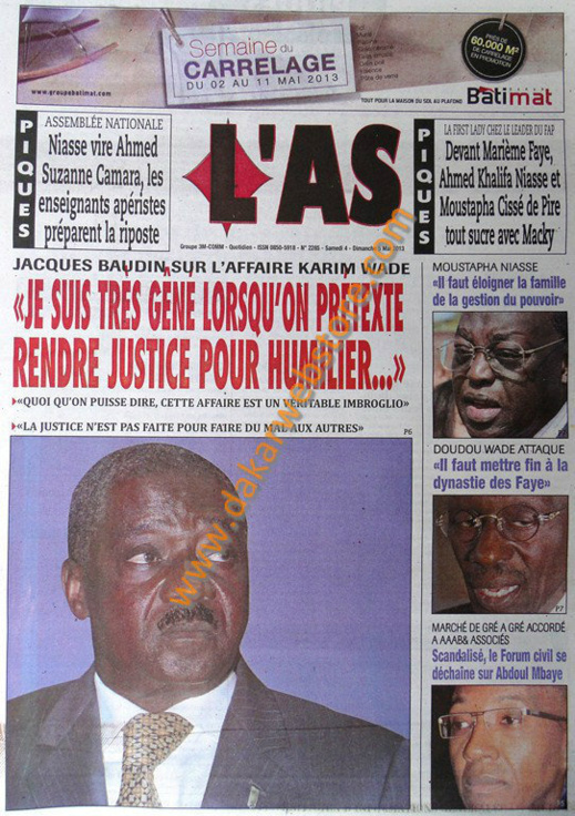 A la Une du Journal L'As du Samedi 04 Mai 2013