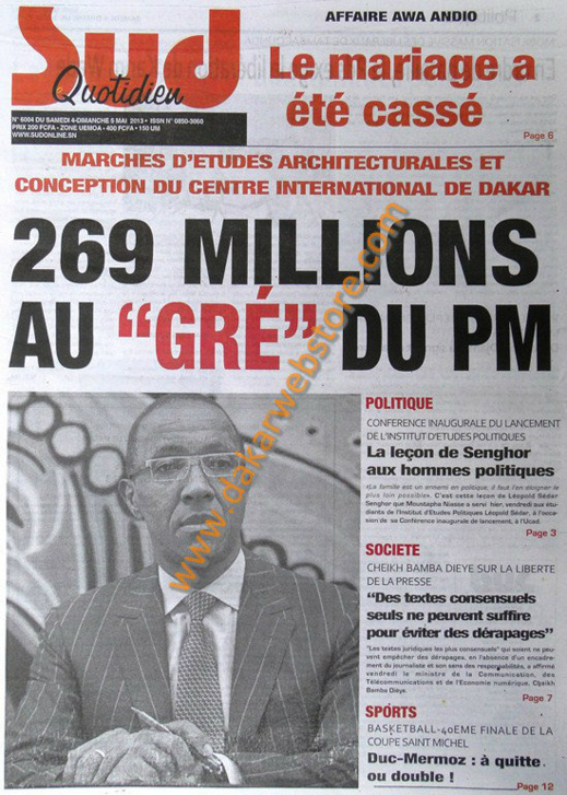 A la Une du Journal Sud Quotidien du Samedi 04 Mai 2013