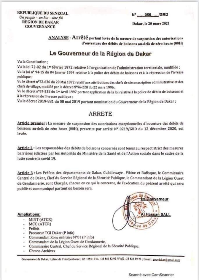 Dakar : Le gouverneur rouvre les débits de boissons au-delà de minuit