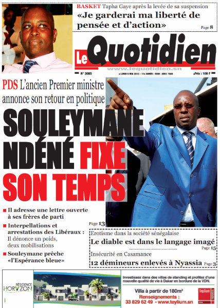 A la Une du Journal Le Quotidien du lundi 06 Mai 2013