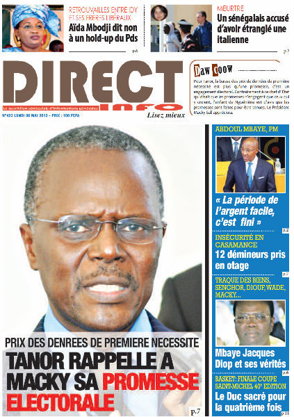 A la Une du Journal Direct Info du lundi 06 Mai 2013