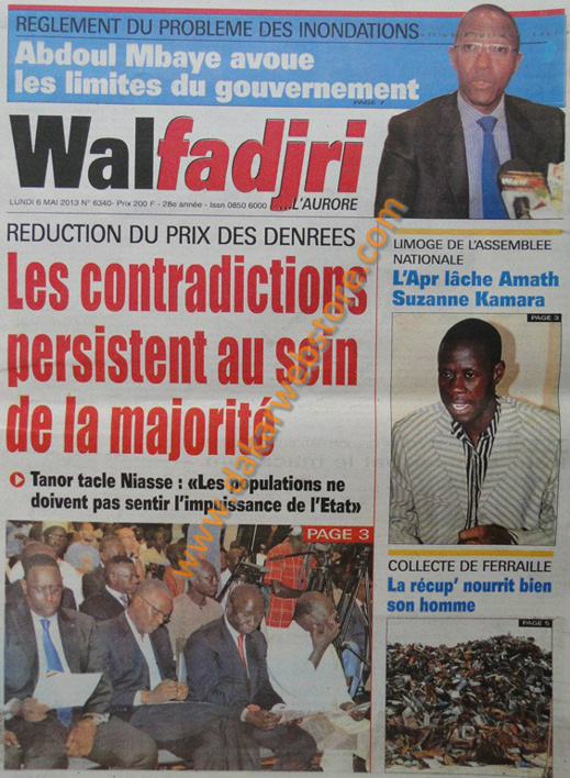 A la Une du journal Walfadjri du lundi 06 Mai 2013