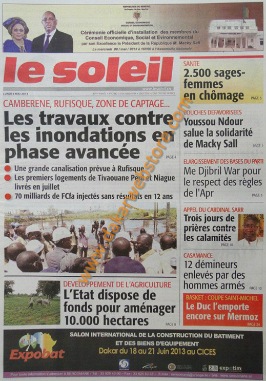 A la Une du journal Le Soleil du lundi 06 Mai 2013
