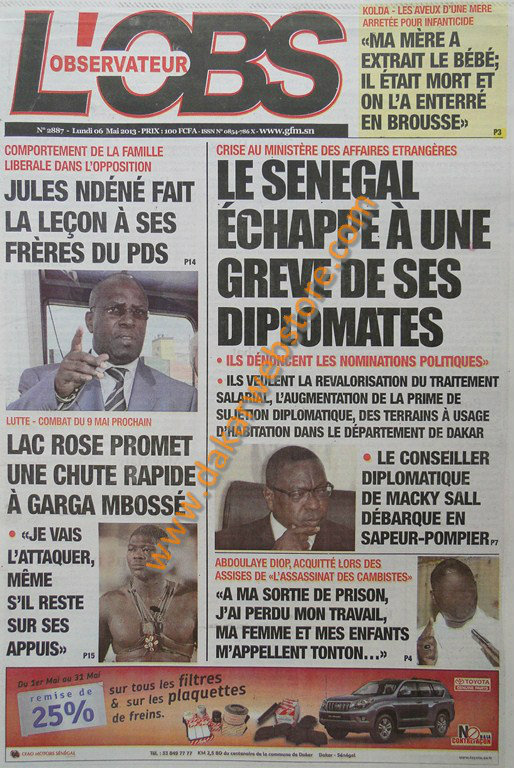 A la Une du journal L'Observateur du lundi 06 Mai 2013