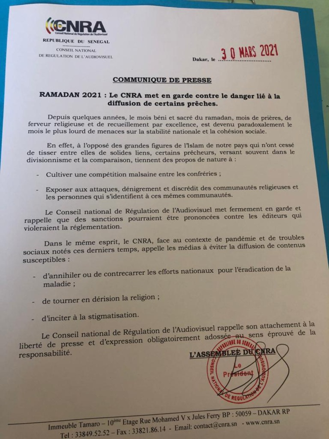 Ramadan / Compétition entre les tarikhas au Sénégal: Le CNRA met en garde les chaînes télé