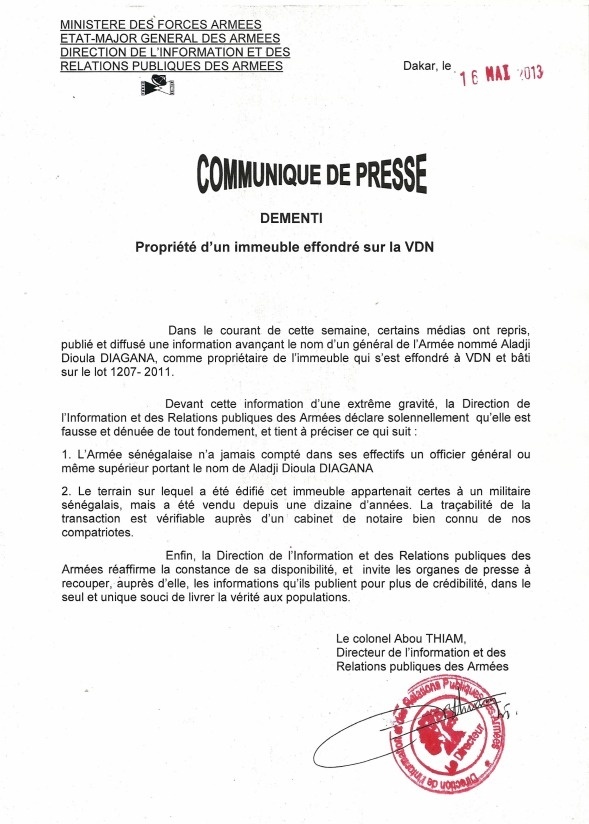 La Dirpa dément : "L'immeuble qui s'est effondré sur la Vdn n'appartenait pas à un haut gradé de l'Armée"