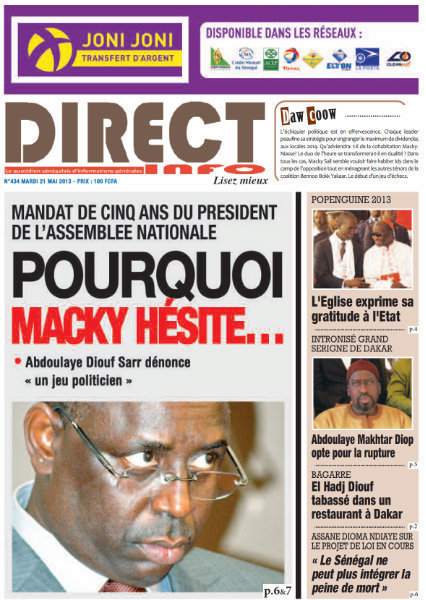 A la Une du Journal Direct Info du mardi 21 mai 2013