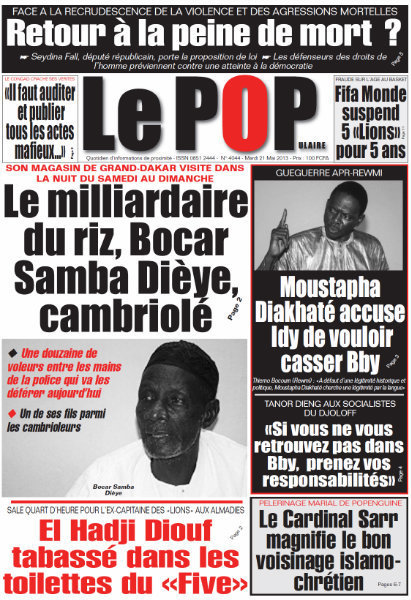 A la Une du Journal Le Populaire du mardi 21 mai 2013