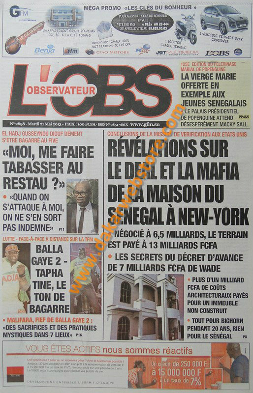 A la Une du Journal L'Observateur du mardi 21 mai 2013 