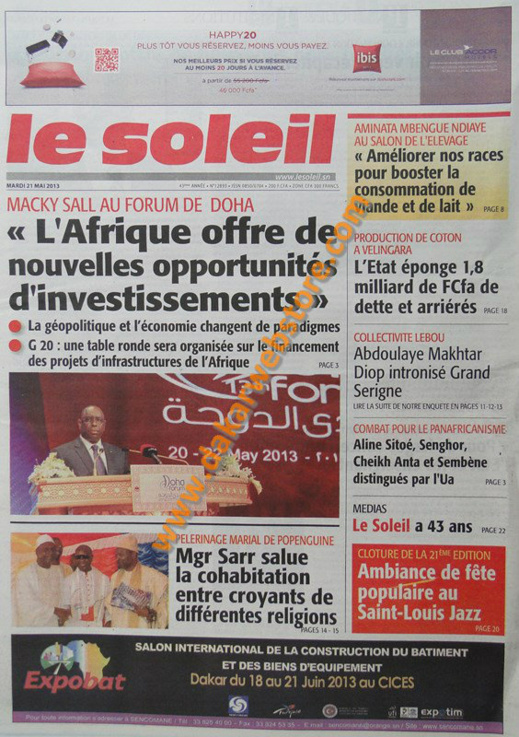 A la Une du Journal Le Soleil du mardi 21 mai 2013