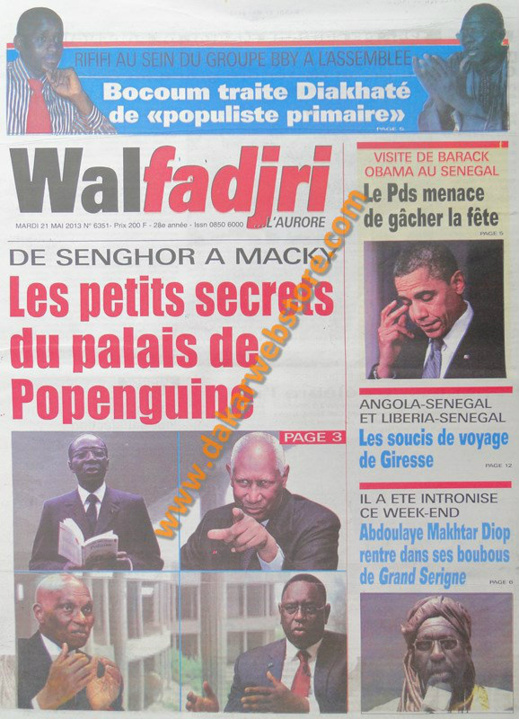 A la Une du Journal Walfadjri du mardi 21 mai 2013
