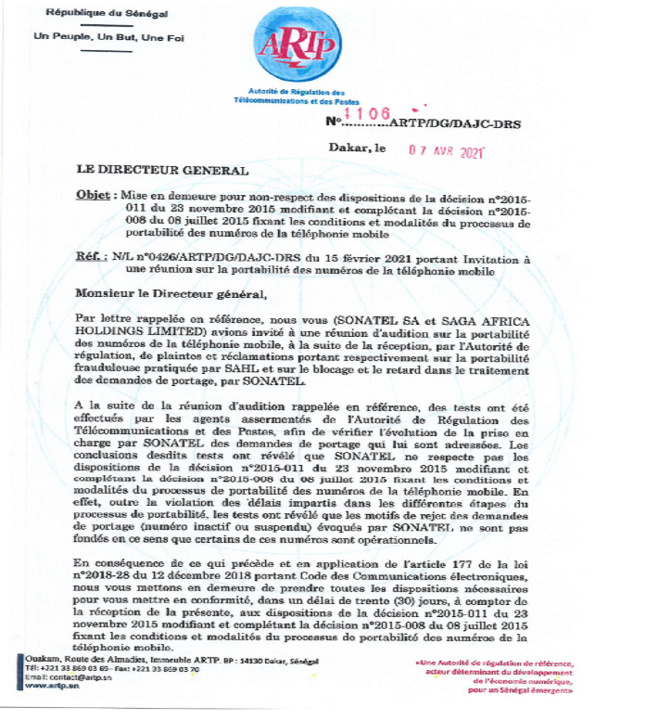 Non-respect des dispositions liées à la portabilité des numéros : Une nouvelle mise en demeure de l’ARTP à la SONATEL