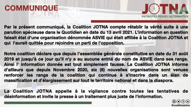 Fake News: La Coalition Jotna dément avoir dans ses rangs, une organisation dénommée ASVIE