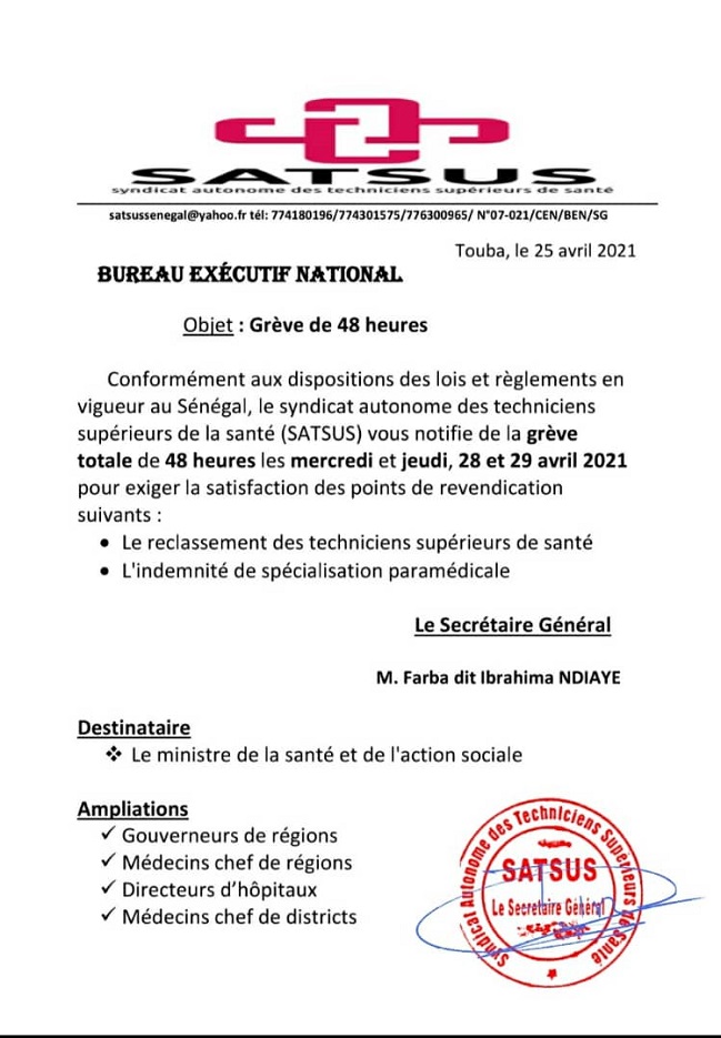 Alerte Santé: Le SATSUS franchit le pas et entame une grève de 48 heures