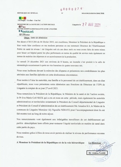 Bébés morts: Le Directeur de l’hôpital Magatte Lô démissionne