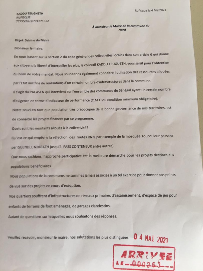 Le collectif Kaddu Teungueth interpelle le maire de Rufisque Nord sur sa gestion et demande des explications sur l’utilisation des fonds du Pacasen…