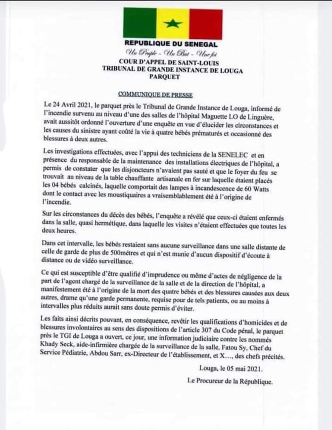 Incendie à l'hôpital Magatte Lô de Linguère: Une information judiciaire ouverte contre l'ex-Directeur