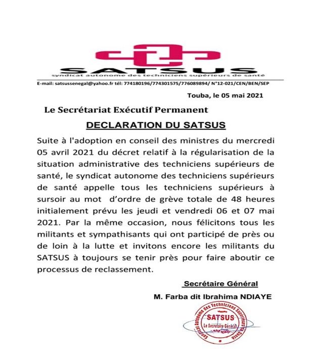 Urgent / Santé: Le SATSUS lève son mot d’ordre grève totale prévue ce jeudi 6 et vendredi 7 Mai  2021