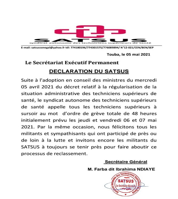 Urgent / Santé: Le SATSUS lève son mot d’ordre grève totale prévue ce jeudi 6 et vendredi 7 Mai  2021