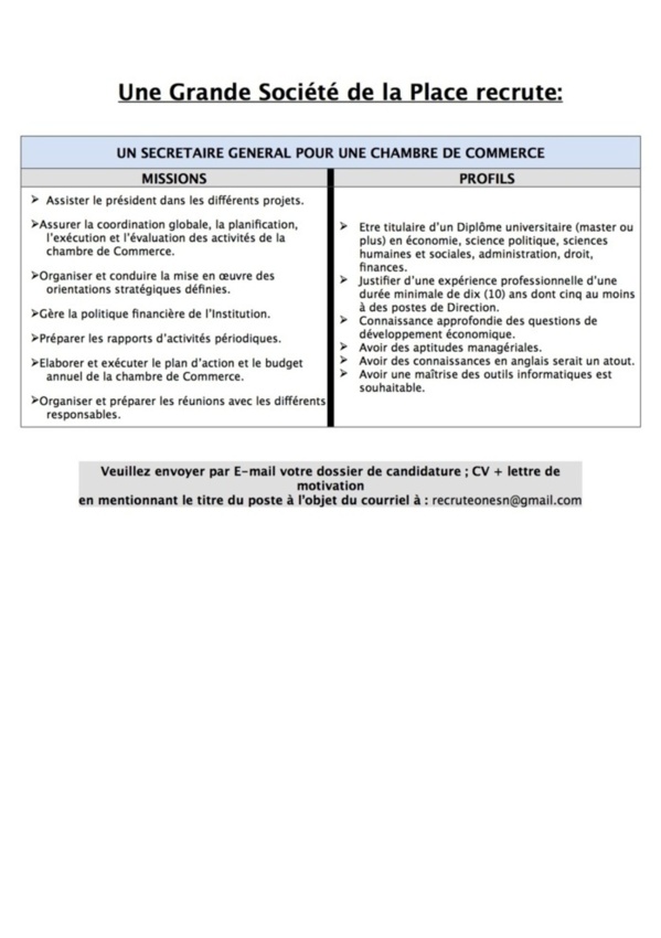 Une Grande Société de la Place recrute