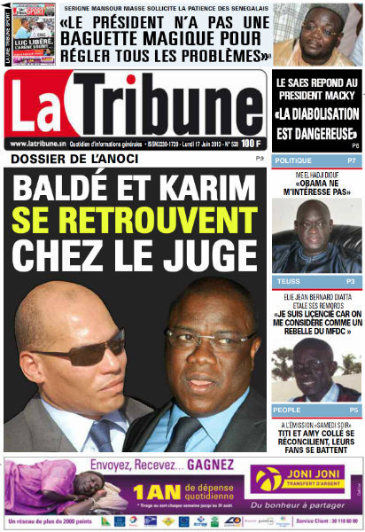 A la Une du Journal La Tribune du lundi 17 juin 2013