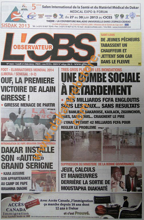 A la Une du Journal L'Observateur du lundi 17 juin 2013