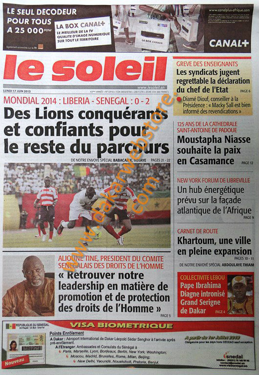 A la Une du Journal Le Soleil du lundi 17 juin 2013