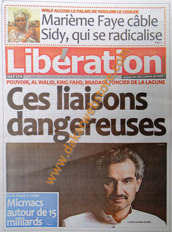 A la Une du Journal Libération du lundi 17 juin 2013