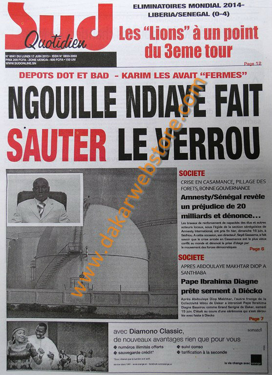 A la Une du Journal Sud Quotidien du lundi 17 juin 2013