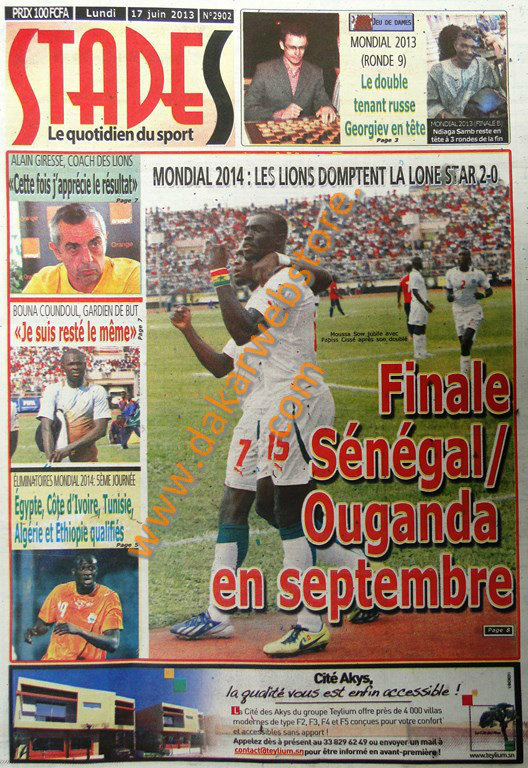 A la Une du Journal Stades du lundi 17 juin 2013