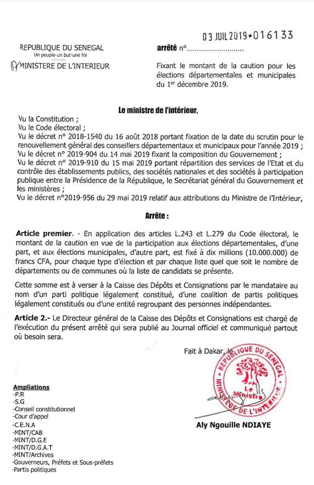 Elections départementales ou municipales: Le montant de la caution fixé à 10 millions FCfa, à verser à...