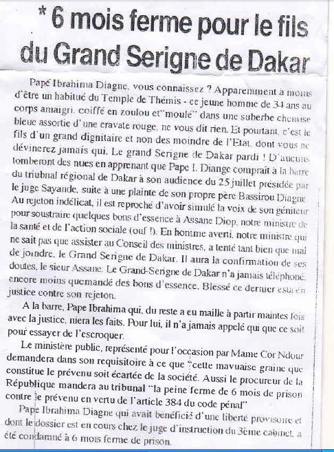 Article de presse datant d'août 94: Le Grand Serigne Pape Ibrahima Diagne a été condamné à une peine de six mois pour escroquerie 