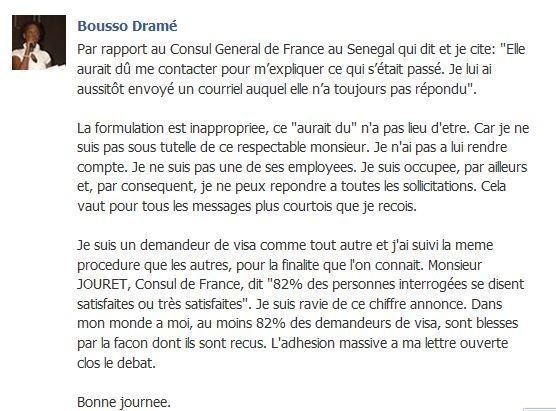 Le Consul général de France à Dakar répond à la résistante sénégalaise Bousso Dramé Le Consul général de France à Dakar répond à la résistante sénégalaise Bousso Dramé
