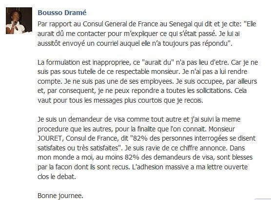 Le Consul général de France à Dakar répond à la résistante sénégalaise Bousso Dramé