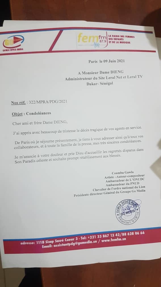 Condoléances: depuis la France, Coumba Gawlo Seck compatit à la douleur de Leral