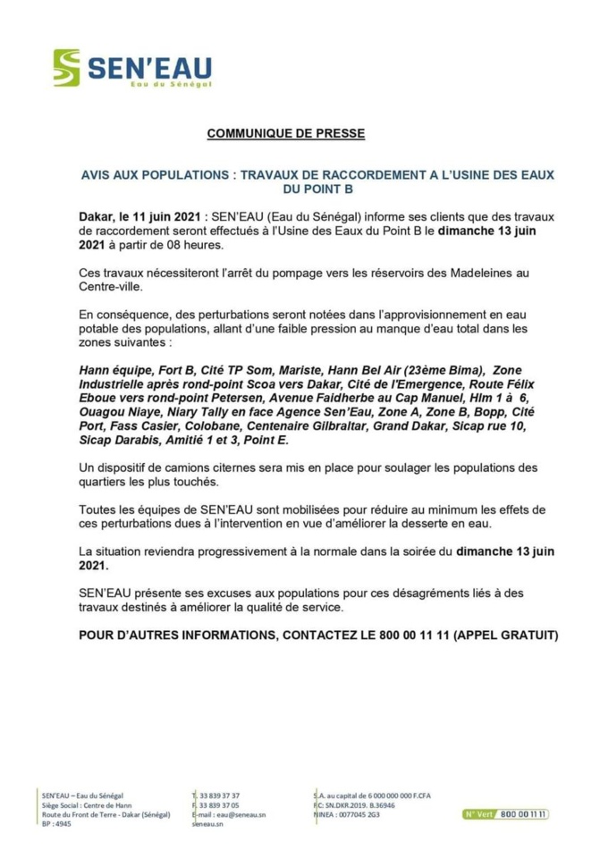 Perturbations dans la distribution de l’eau dans certaines zones de Dakar (Sen'Eau)
