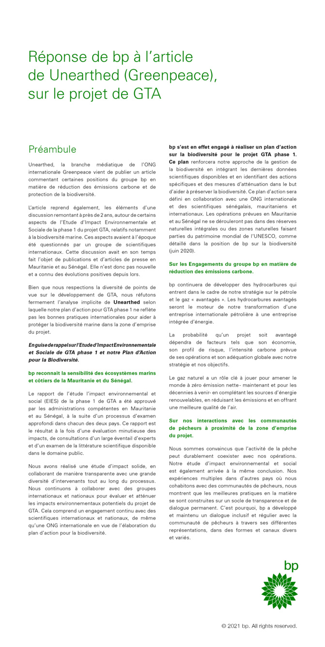 Réponse de British Petroleum à l'article de Unearthed (Greenpeace), sur le projet de GTA