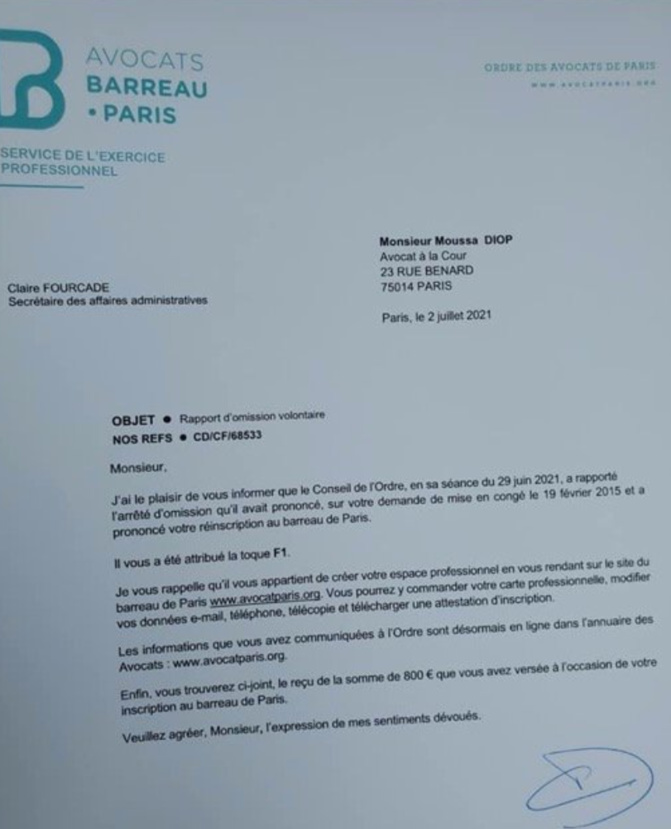 Débarqué de DDD: Me Moussa Diop réintègre le Barreau de Paris Débarqué de DDD: Me Moussa Diop réintègre le Barreau de Paris