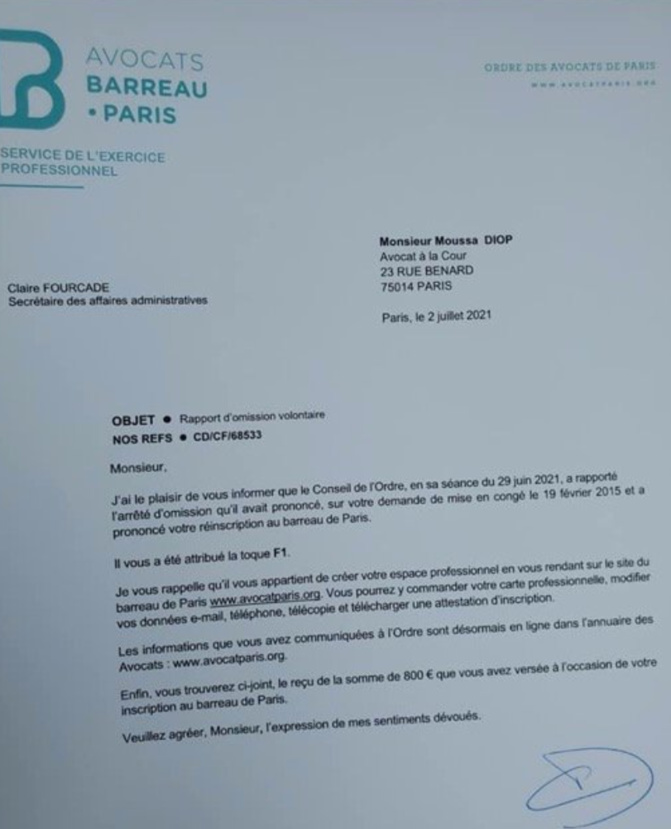 Débarqué de DDD: Me Moussa Diop réintègre le Barreau de Paris