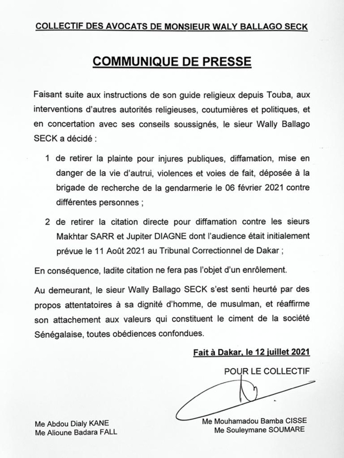 Touba: Sur injonction de son guide religieux, Waly Seck retire toutes ses plaintes et... Touba: Sur injonction de son guide religieux, Waly Seck retire toutes ses plaintes et...