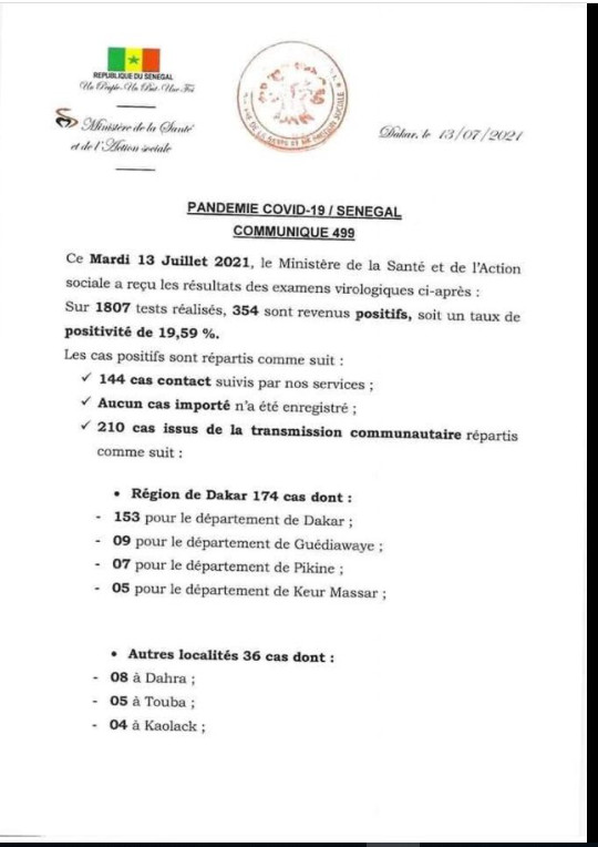 Covid-19: 354 nouveaux cas, 111 patients guéris, 17 cas graves, 5 décès